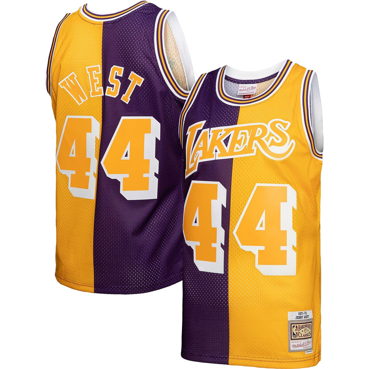 Jerry West Los Angeles Lakers Mitchell & Ness Hardwood Classics 1971/72 Split Swingman Jersey - Purple/Gold